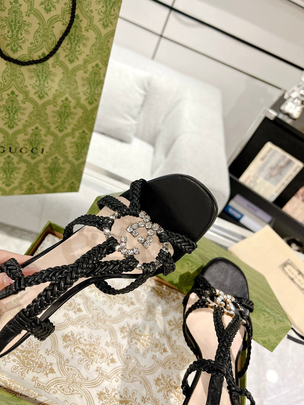 GG CRYSTAL HIGH HEEL SANDAL BLACK CALFSKIN SPECIAL