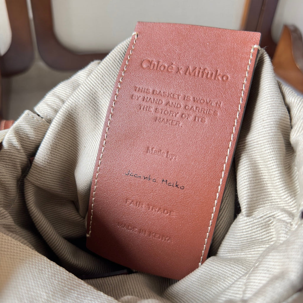 MY MELODY SMALL WOODY BASKET 17 IN NATURAL FIBERS BEIGE WEBBING BROWN CALFSKIN