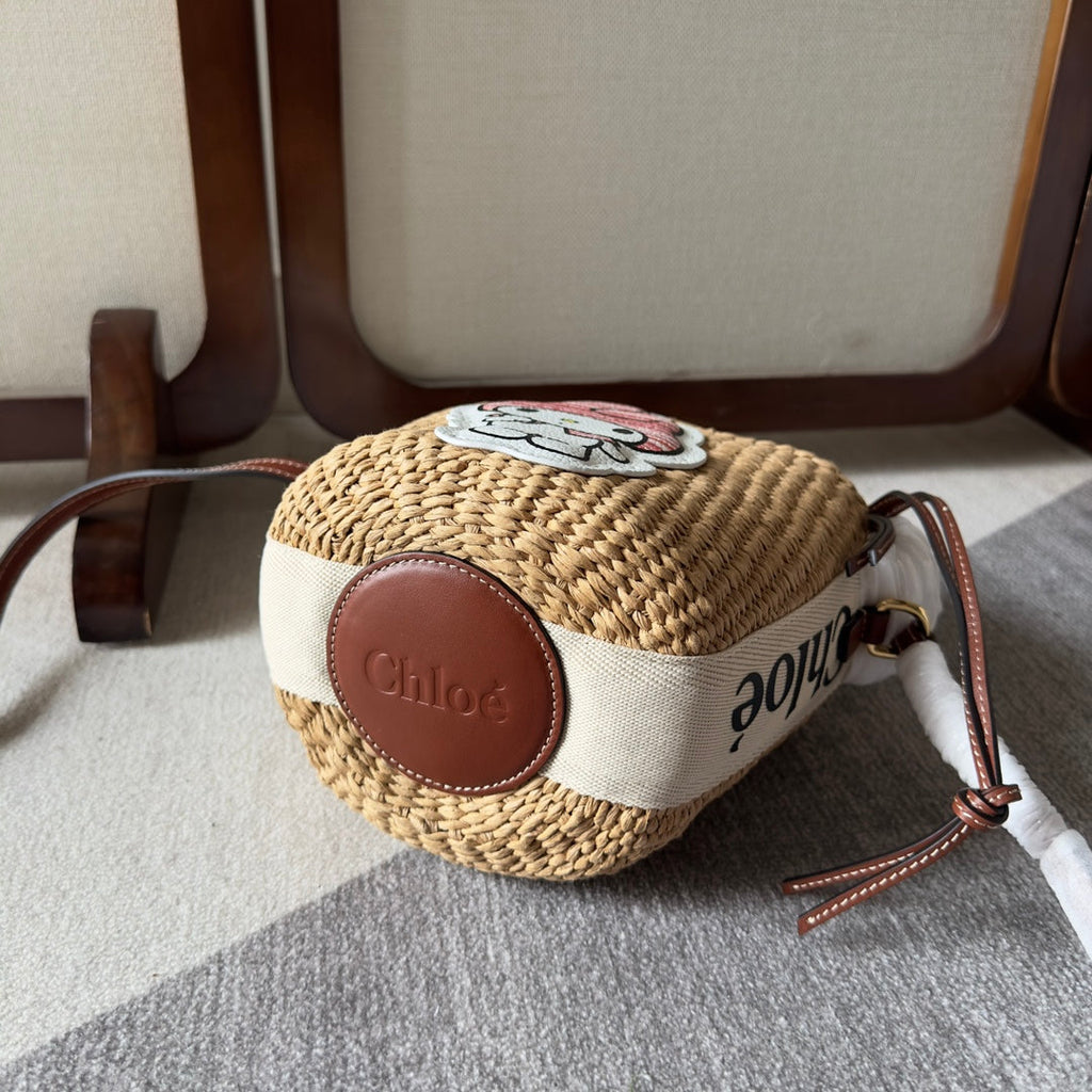 MY MELODY SMALL WOODY BASKET 17 IN NATURAL FIBERS BEIGE WEBBING BROWN CALFSKIN