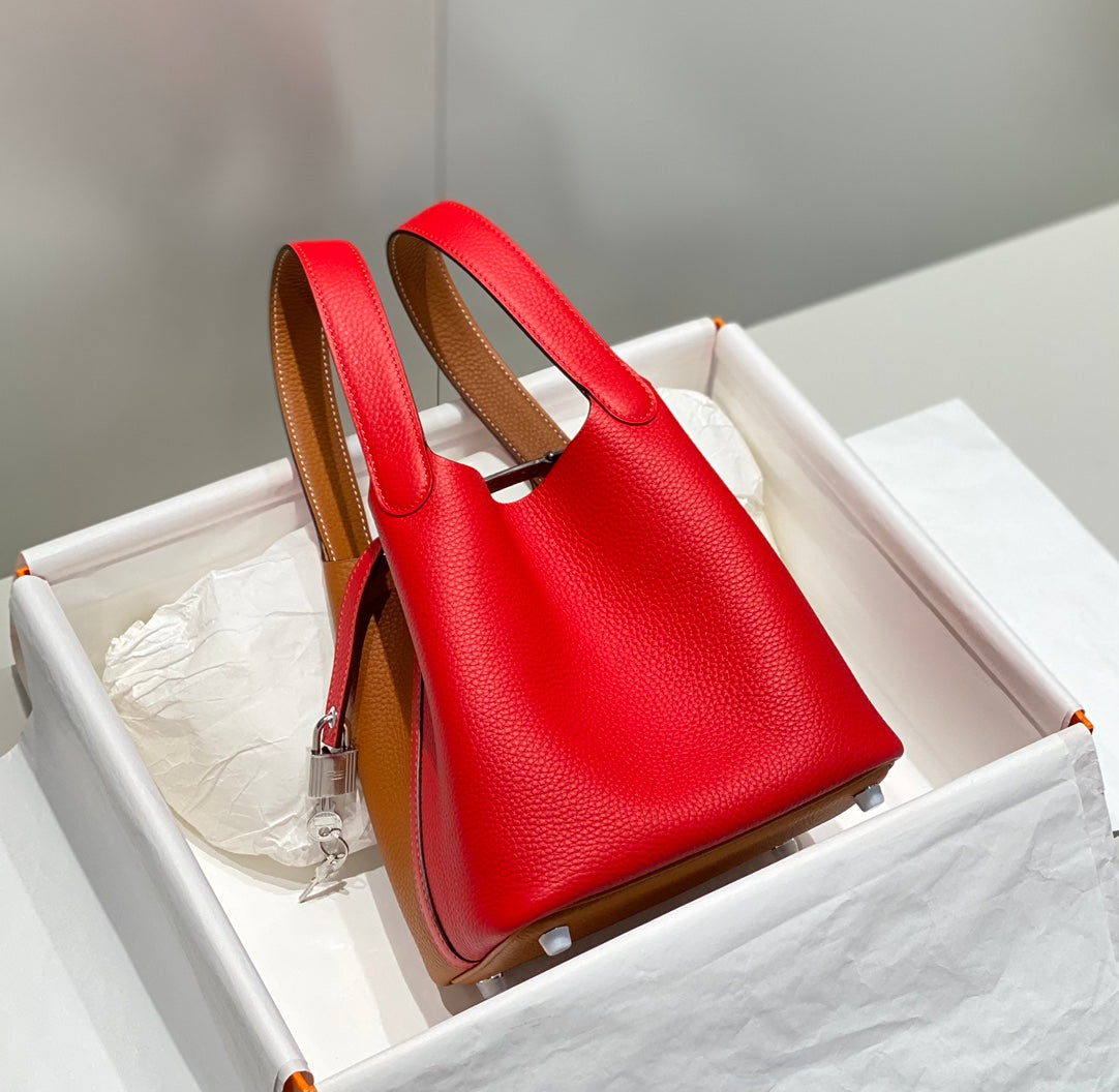 HERMES 25S PICOTIN LOCK 18 IN GOLDEN BROWN AND RED CALFSKIN SILVER HARDWARE