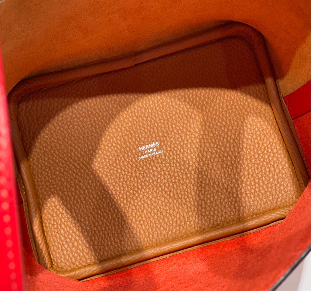 HERMES 25S PICOTIN LOCK 18 IN GOLDEN BROWN AND RED CALFSKIN SILVER HARDWARE