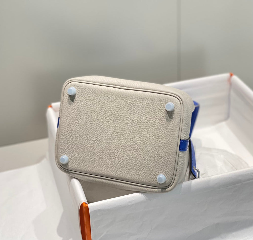 HERMES 25S PICOTIN LOCK 18 IN PEARL GRAY AND ELECTRIC BLUE CALFSKIN SILVER HARDWARE