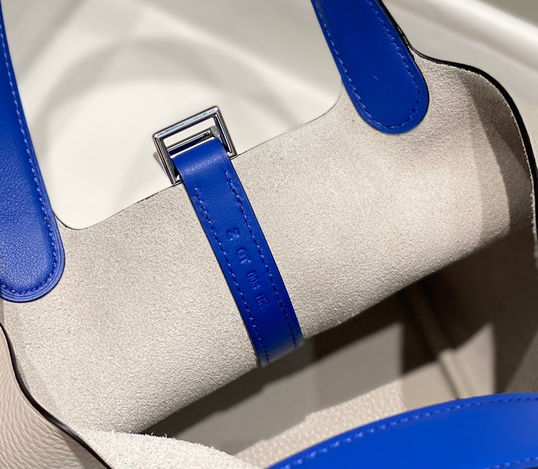 HERMES 25S PICOTIN LOCK 18 IN PEARL GRAY AND ELECTRIC BLUE CALFSKIN SILVER HARDWARE