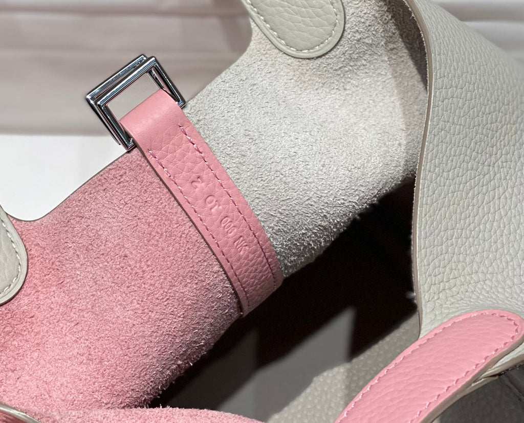 HERMES 25S PICOTIN LOCK 18 IN PINK AND LIGHT GRAY CALFSKIN SILVER HARDWARE