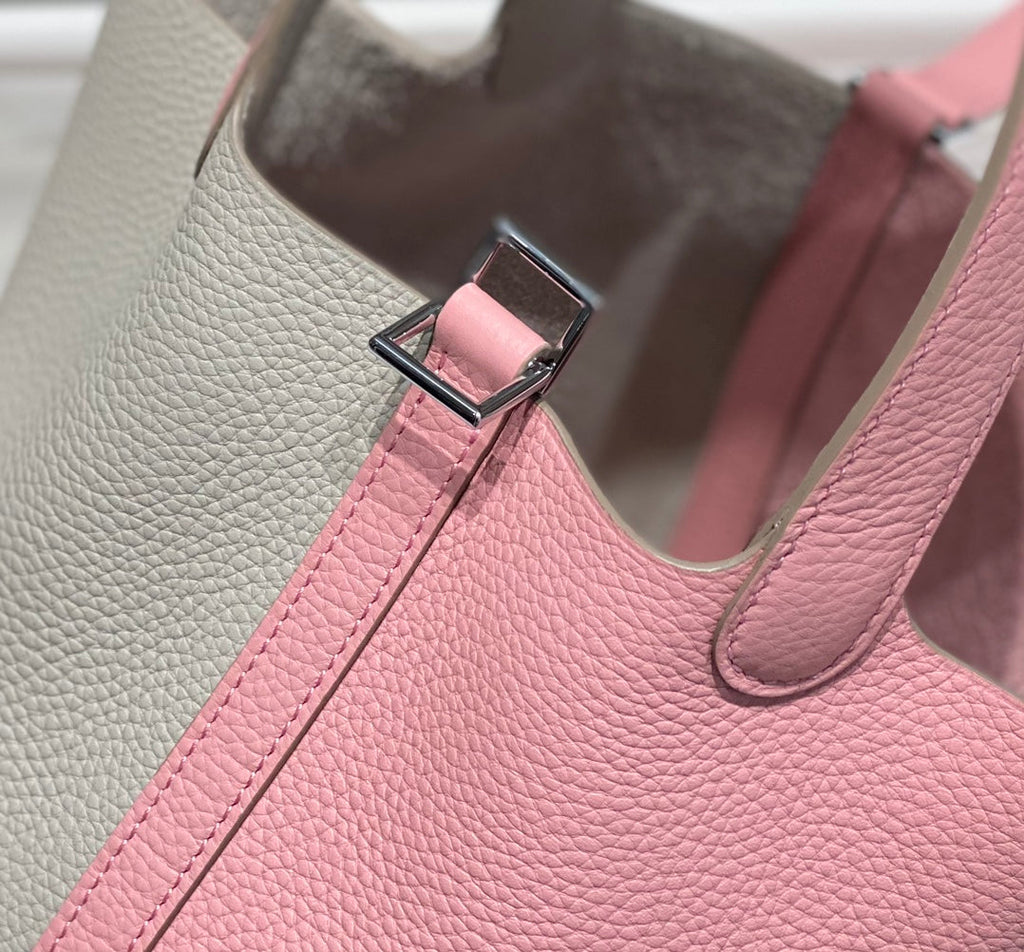 HERMES 25S PICOTIN LOCK 18 IN PINK AND LIGHT GRAY CALFSKIN SILVER HARDWARE