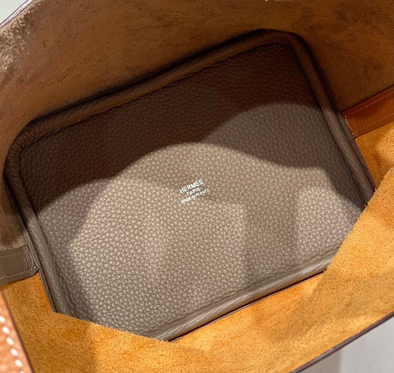 HERMES 25S PICOTIN LOCK 18 IN BROWN AND ORANGE COMBINATION CALFSKIN SILVER HARDWARE