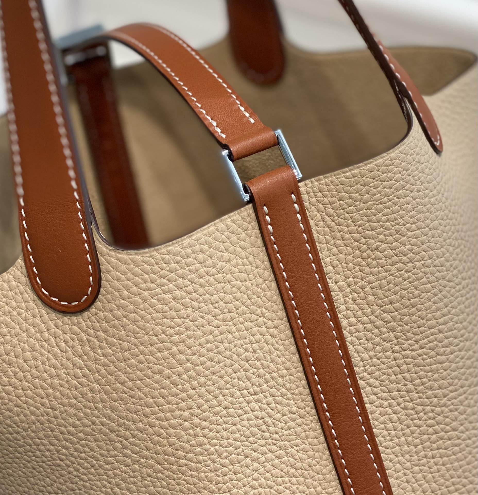 HERMES 25S PICOTIN LOCK 18 IN BURNT ORANGE AND LIGHT BROWN CALFSKIN SILVER HARDWARE