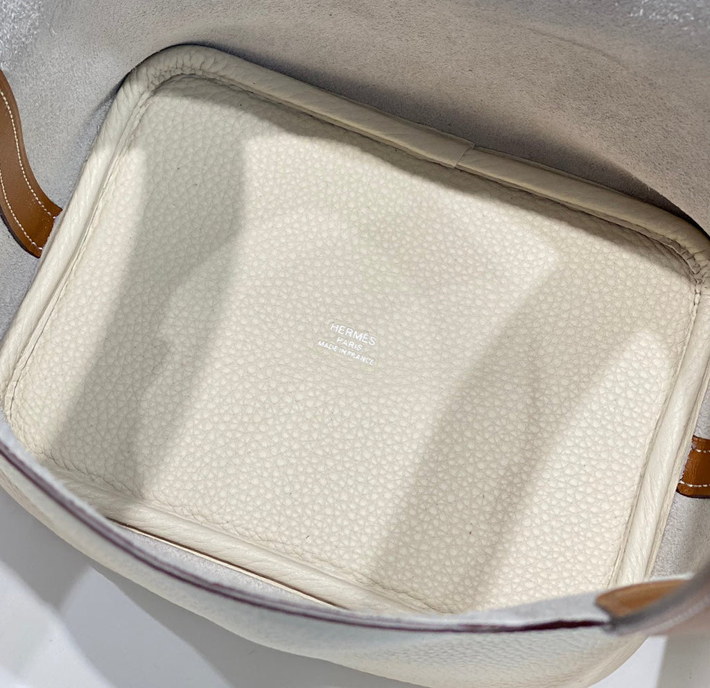 HERMES 25S PICOTIN LOCK 18 IN BURNT ORANGE AND IVORY CALFSKIN SILVER HARDWARE