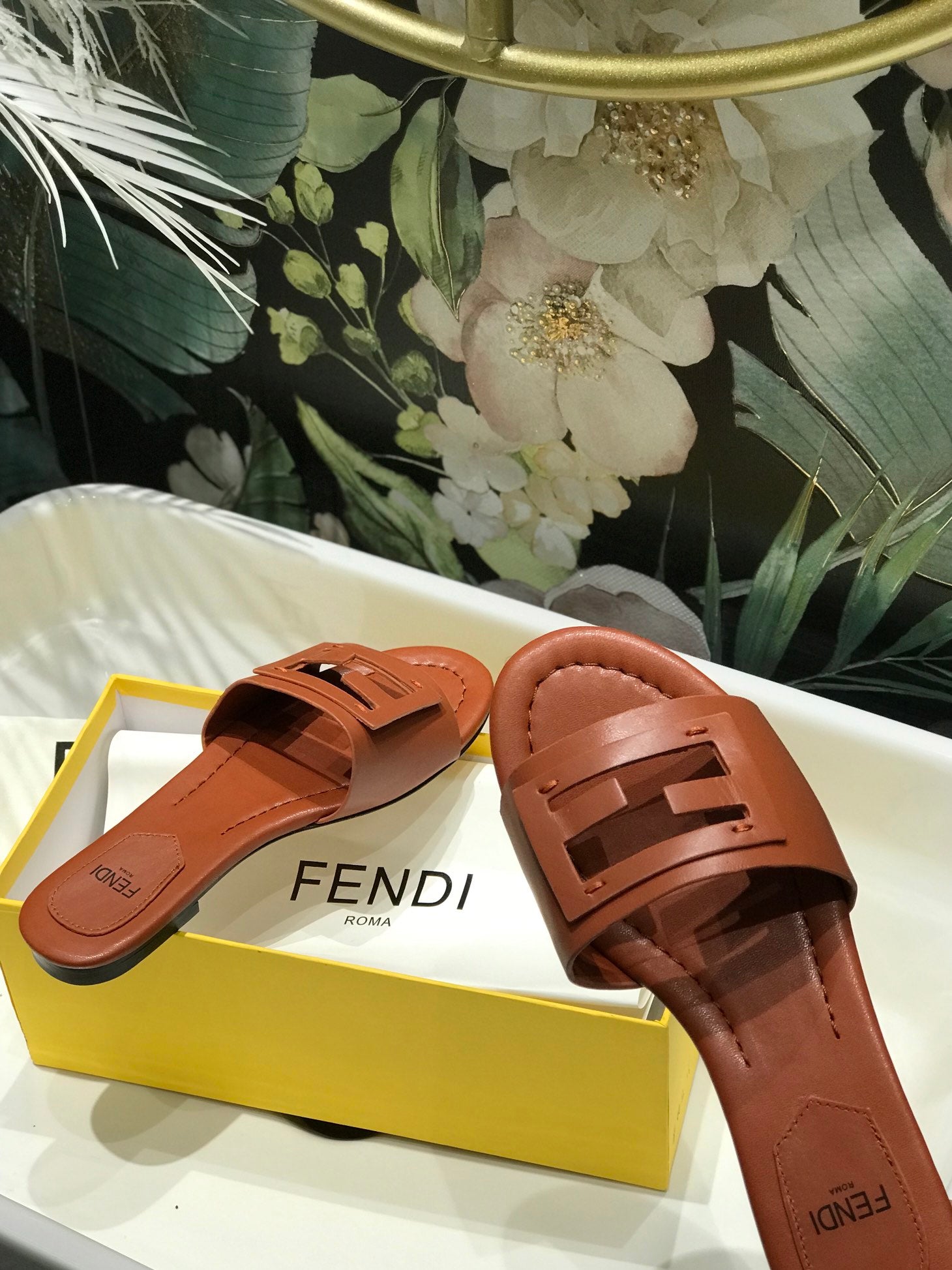 FENDI BAGUETTE SLIDES IN CINNAMON BROWN LAMBSKIN