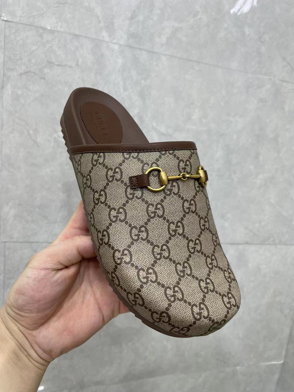 MULE WITH GOLD HORSEBIT IN BEIGE AND EBONY MONOGRAM CANVAS