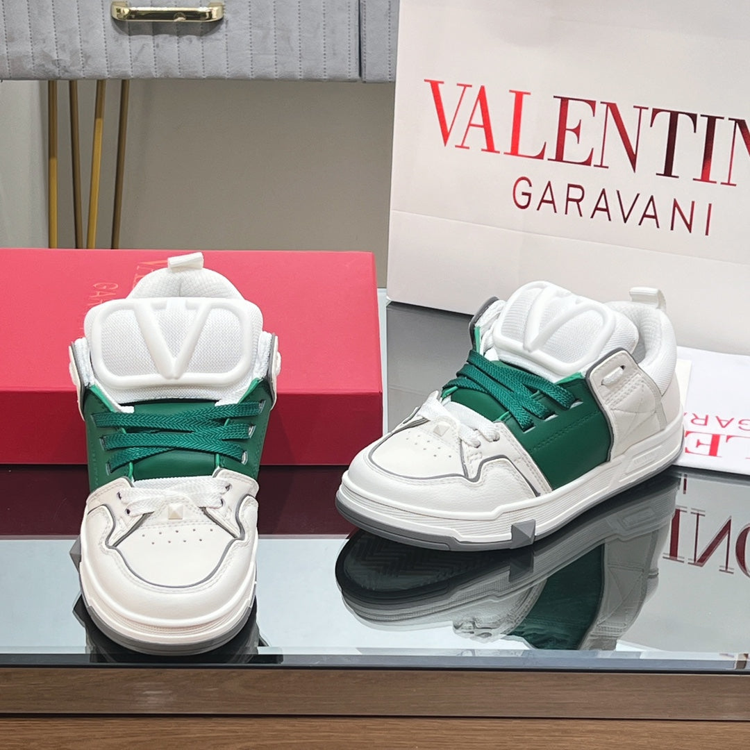 VALENTINO 25S GARAVANI OPEN SKATE SNEAKERS IN WHITE MIX GREEN LAMBSKIN STYLE 13
