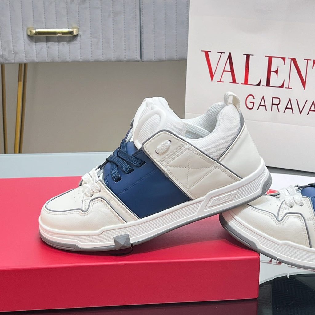 VALENTINO 25S GARAVANI OPEN SKATE SNEAKERS IN WHITE MIX DARK BLUE LAMBSKIN STYLE 17