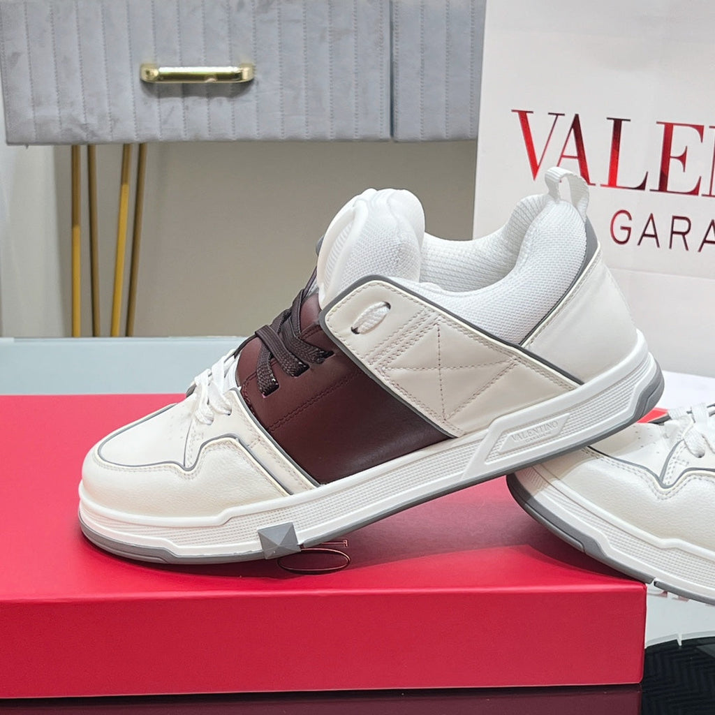 VALENTINO 25S GARAVANI OPEN SKATE SNEAKERS IN WHITE MIX BROWN LAMBSKIN STYLE 15