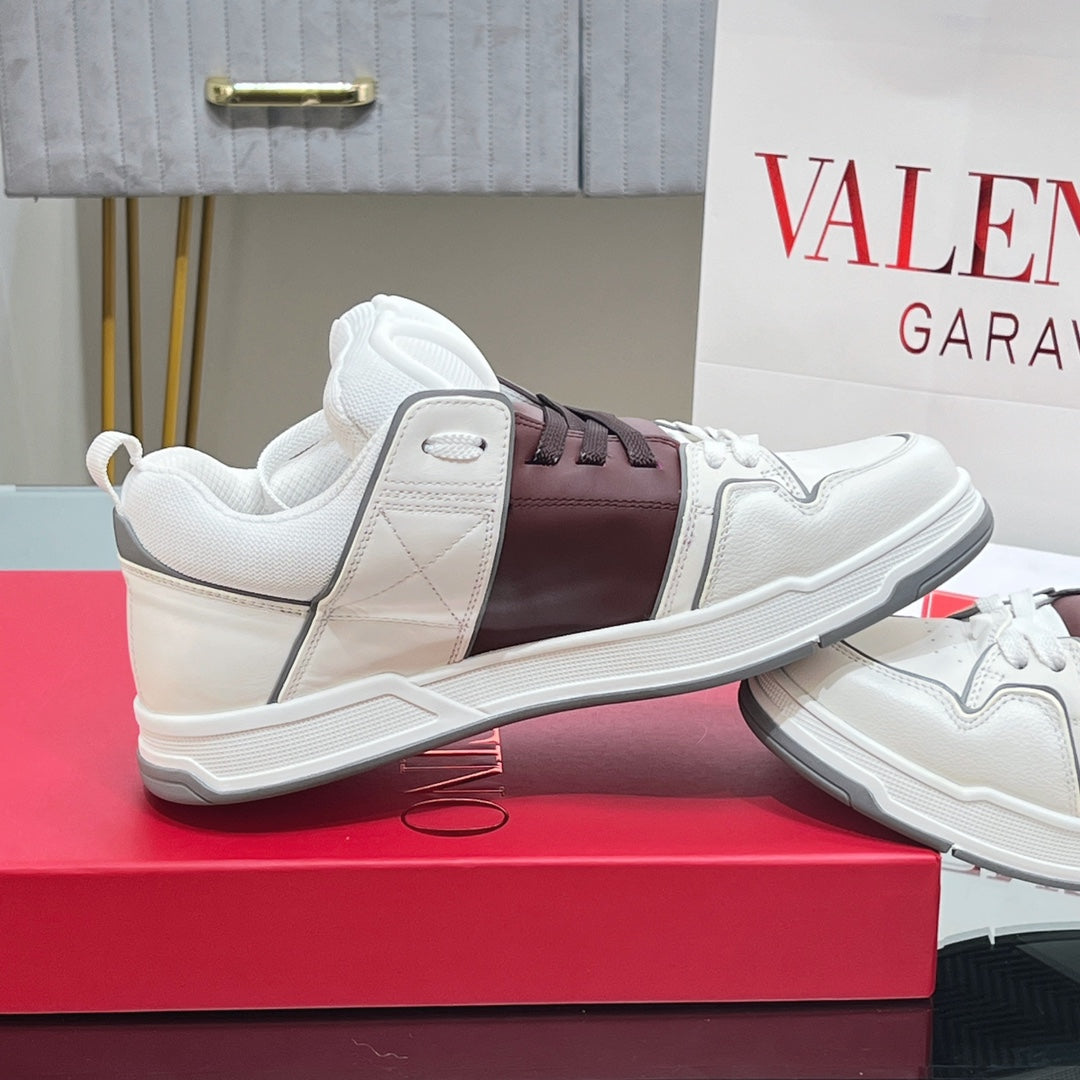 VALENTINO 25S GARAVANI OPEN SKATE SNEAKERS IN WHITE MIX BROWN LAMBSKIN STYLE 15