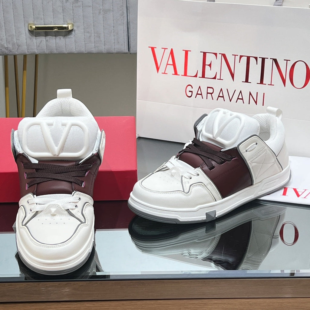 VALENTINO 25S GARAVANI OPEN SKATE SNEAKERS IN WHITE MIX BROWN LAMBSKIN STYLE 15