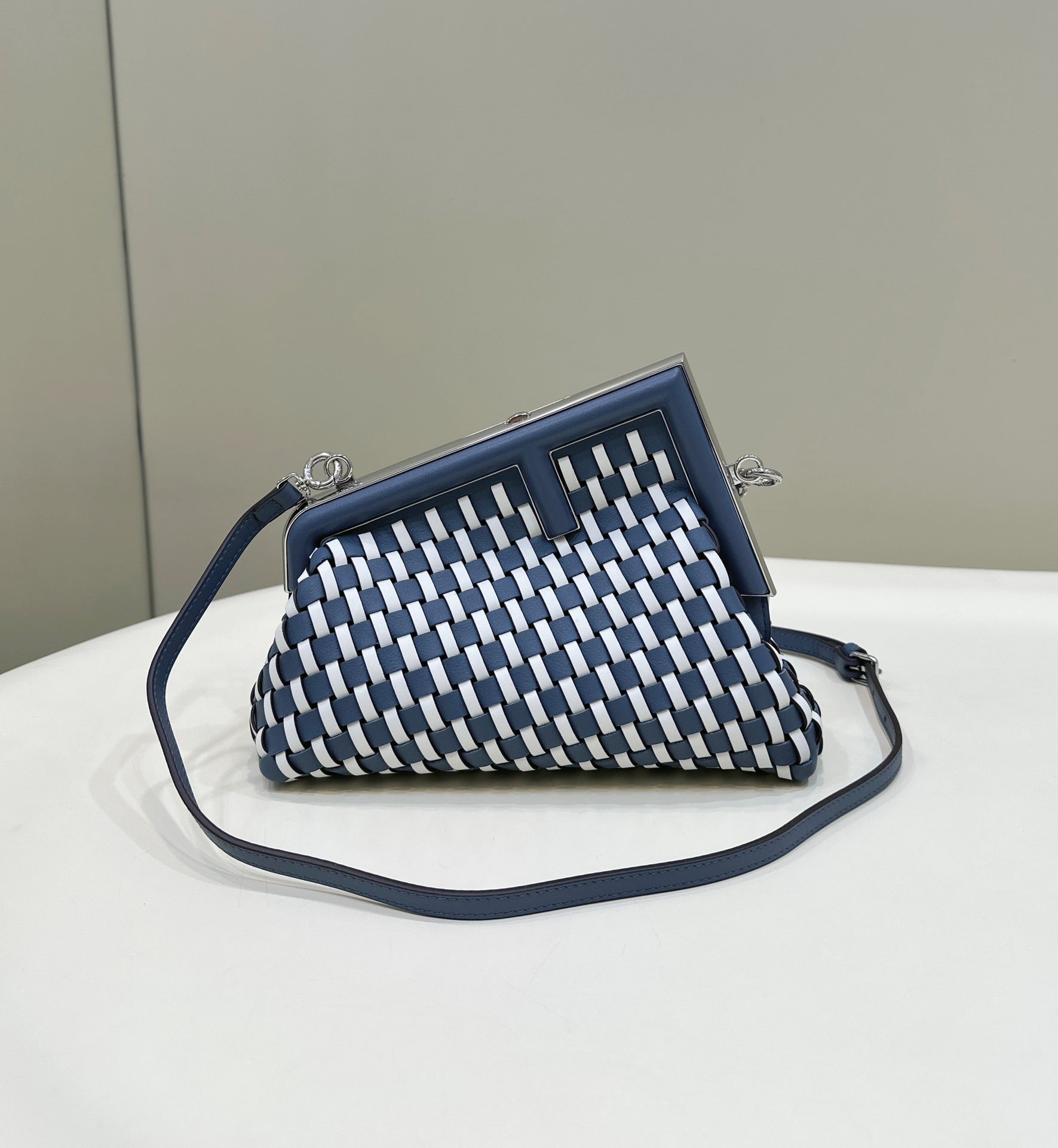 FENDI 26 FIRST SMALL IN MIDNIGHT BLUE MIX WHITE CALFSKIN SILVER HARDWARE