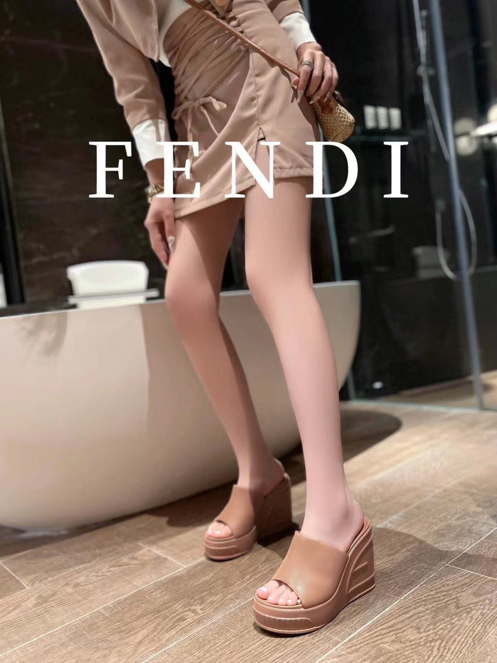 FENDI BAGUETTE WEDGE PLATFORM  85MM IN ASH BROWN CALFSKIN
