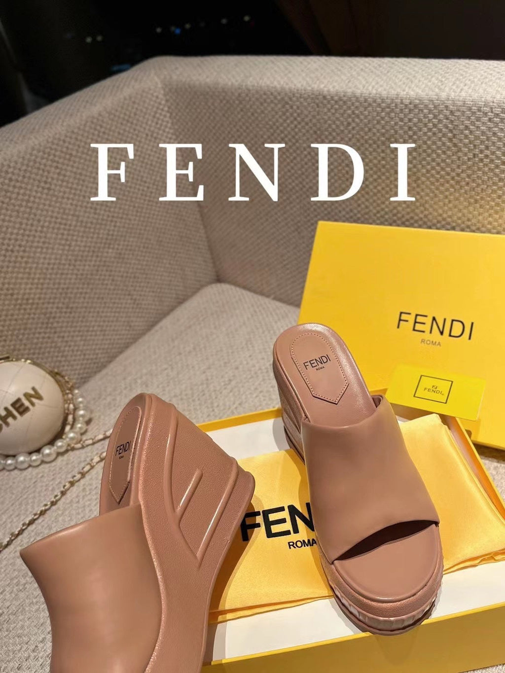 FENDI BAGUETTE WEDGE PLATFORM  85MM IN ASH BROWN CALFSKIN