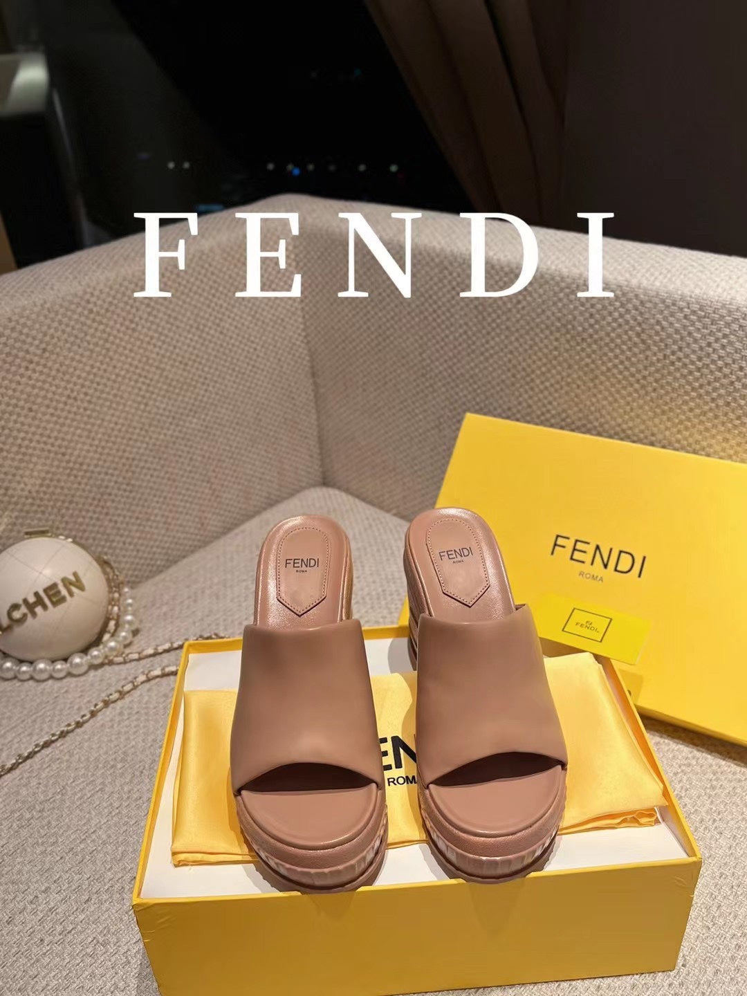 FENDI BAGUETTE WEDGE PLATFORM  85MM IN ASH BROWN CALFSKIN