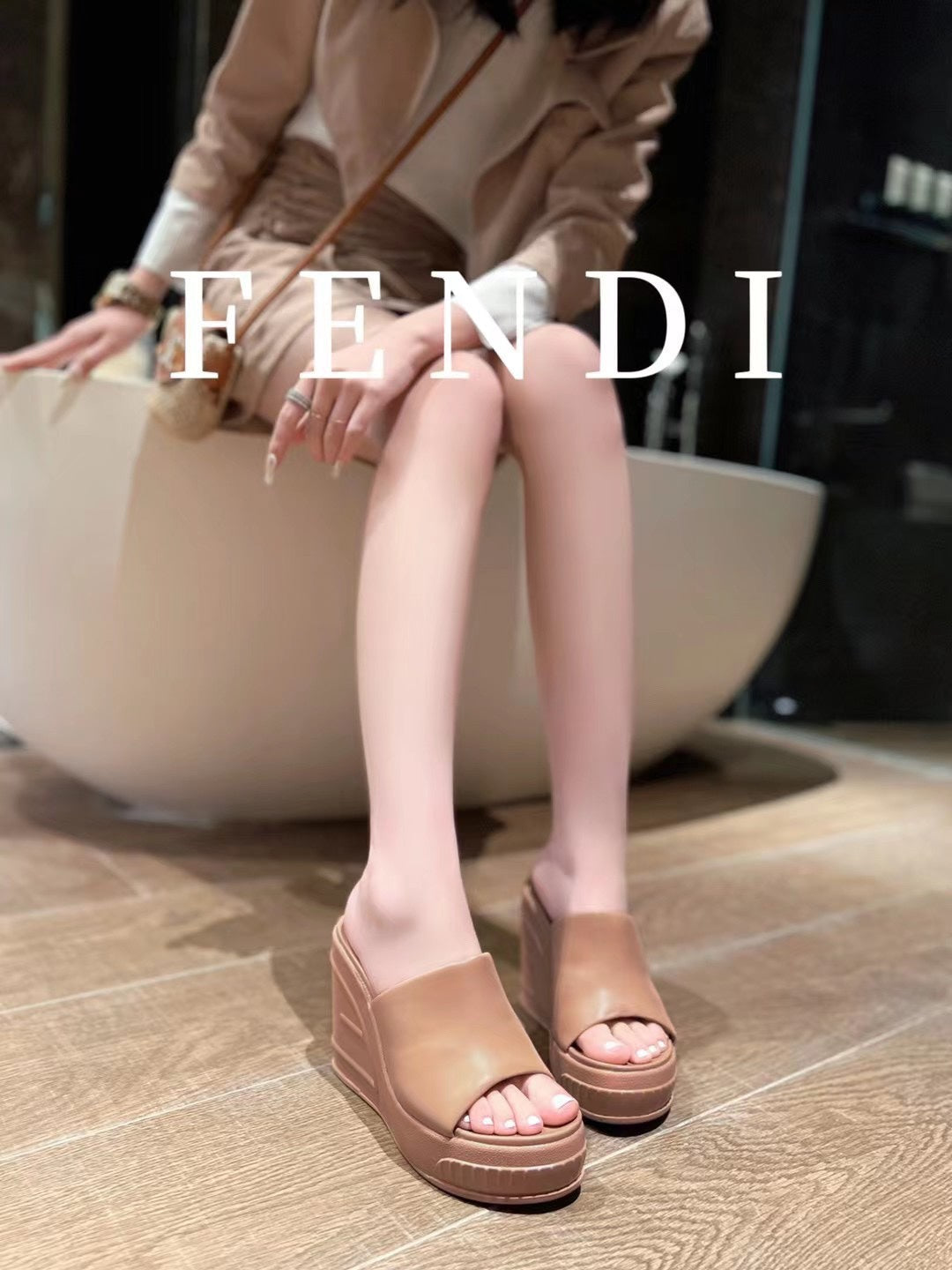 FENDI BAGUETTE WEDGE PLATFORM  85MM IN ASH BROWN CALFSKIN