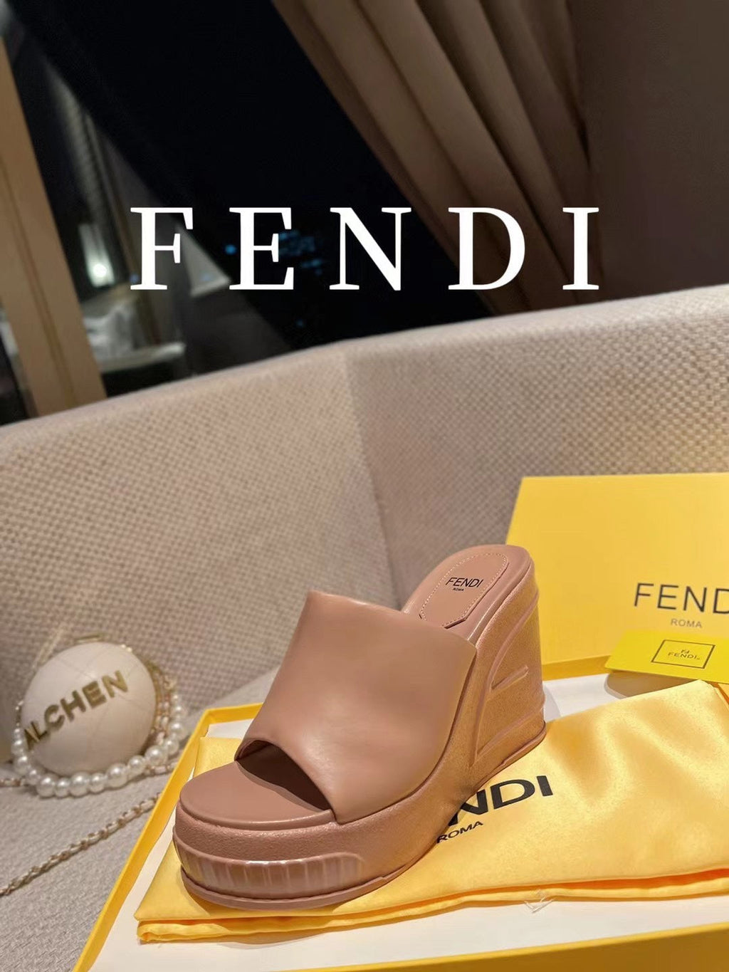 FENDI BAGUETTE WEDGE PLATFORM  85MM IN ASH BROWN CALFSKIN