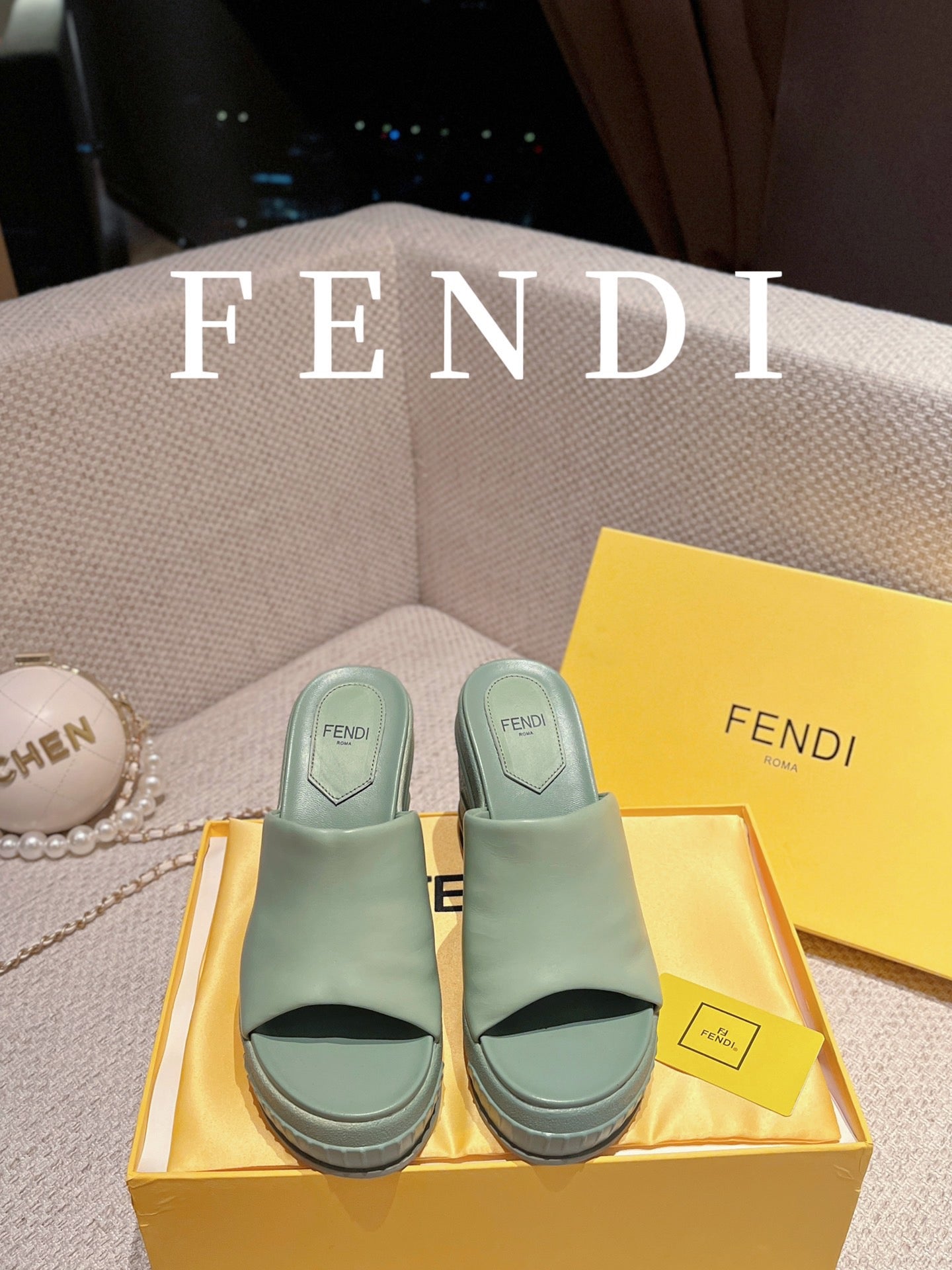 FENDI BAGUETTE WEDGE PLATFORM  85MM IN SEAFOAM GREEN CALFSKIN