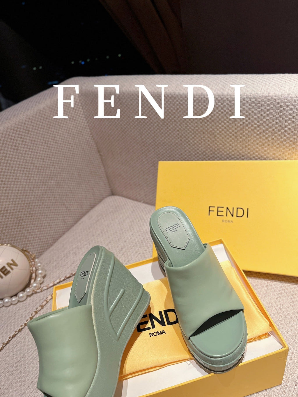 FENDI BAGUETTE WEDGE PLATFORM  85MM IN SEAFOAM GREEN CALFSKIN