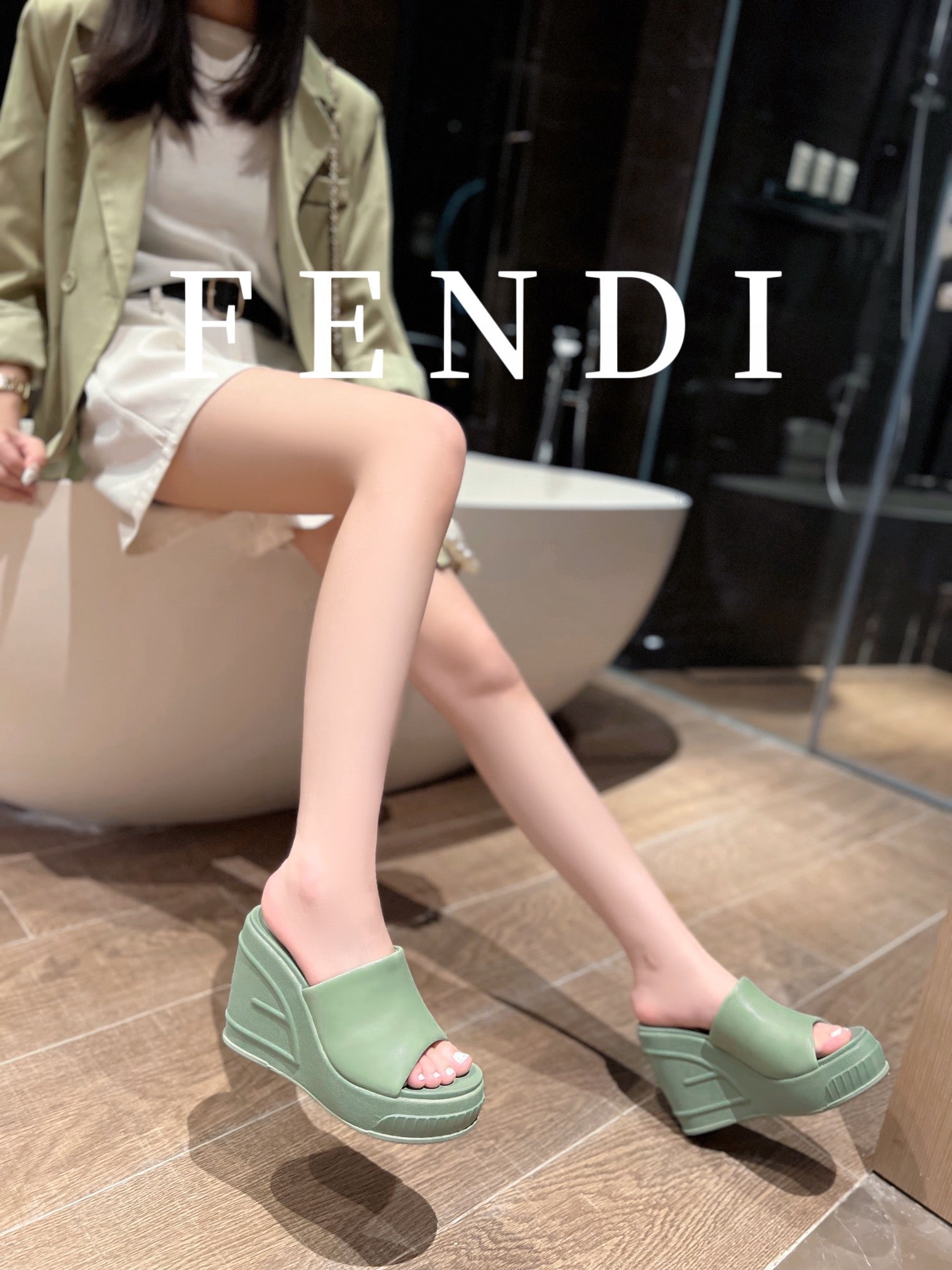 FENDI BAGUETTE WEDGE PLATFORM  85MM IN SEAFOAM GREEN CALFSKIN