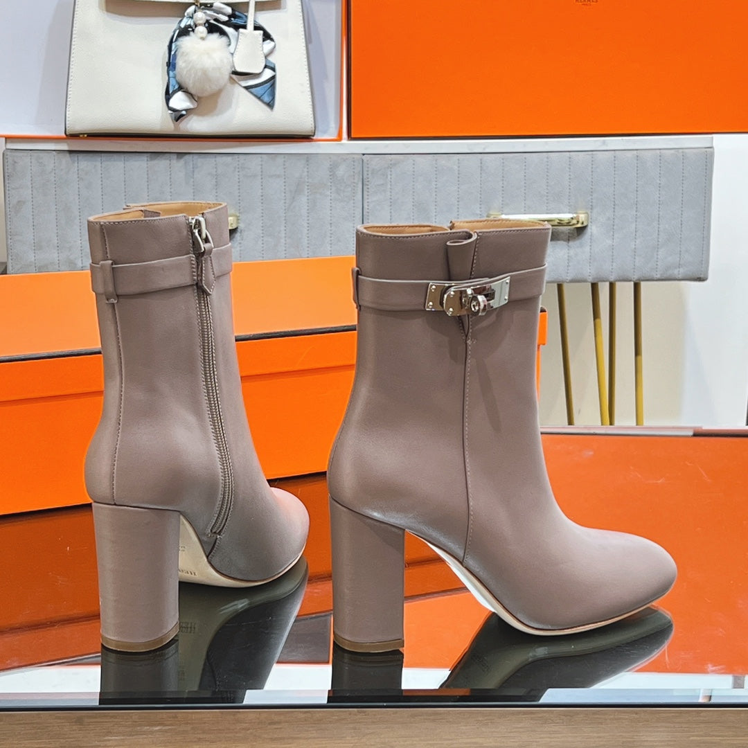 HM 25S SAINT GERMAIN ANKLE BOOTS 90 MM IN TAUPE BROWN LAMBSKIN WITH SILVER HARDWARE