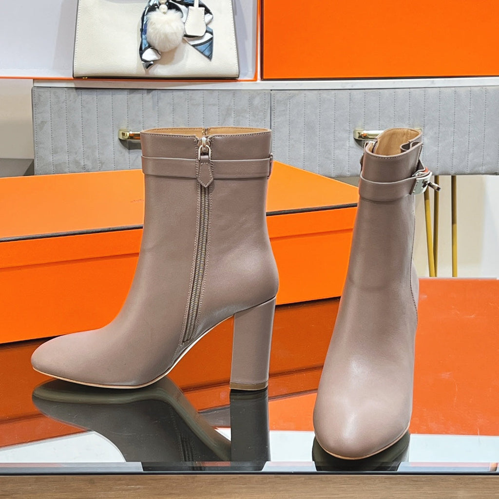 HM 25S SAINT GERMAIN ANKLE BOOTS 90 MM IN TAUPE BROWN LAMBSKIN WITH SILVER HARDWARE