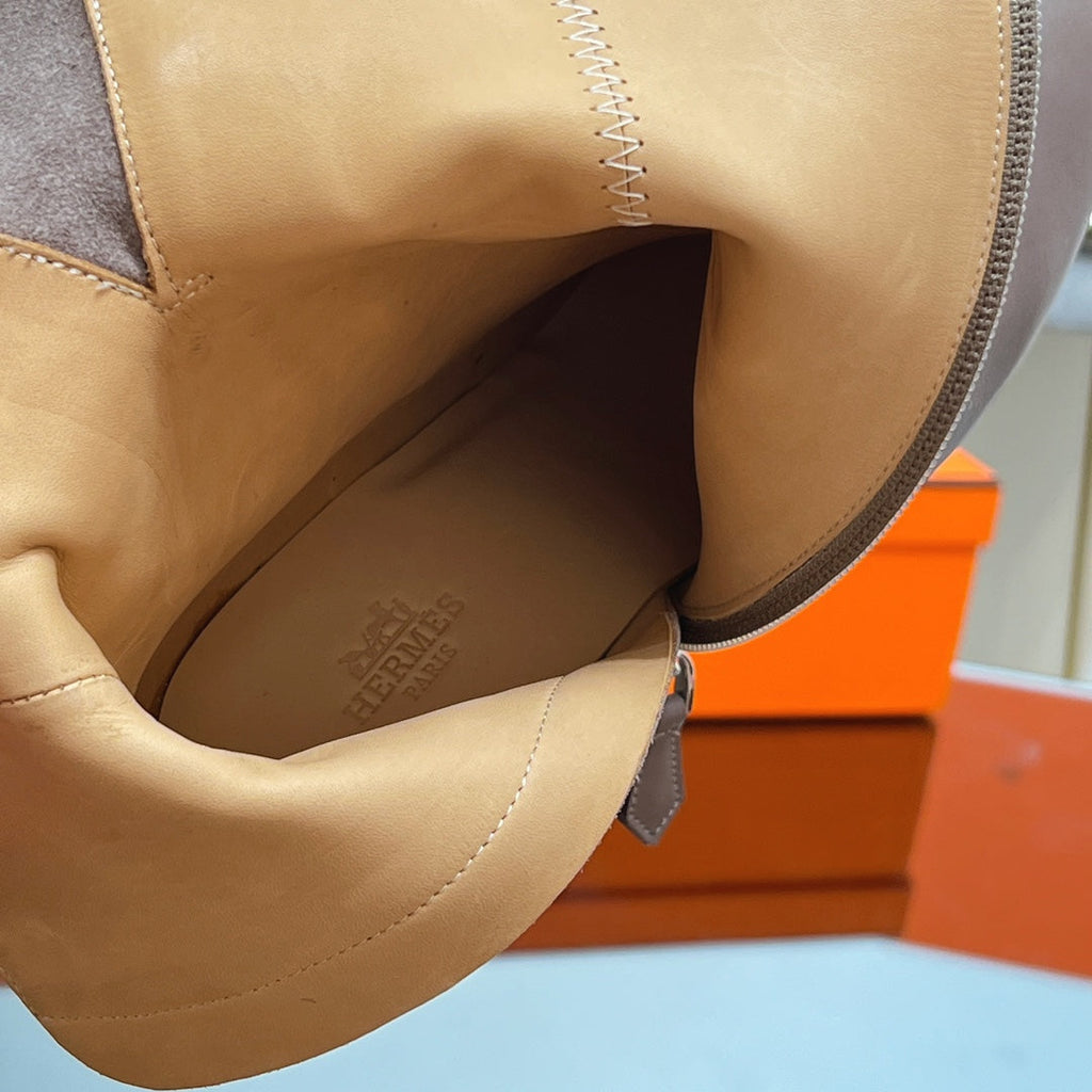 HM 25S SAINT GERMAIN ANKLE BOOTS 90 MM IN TAUPE BROWN LAMBSKIN WITH SILVER HARDWARE