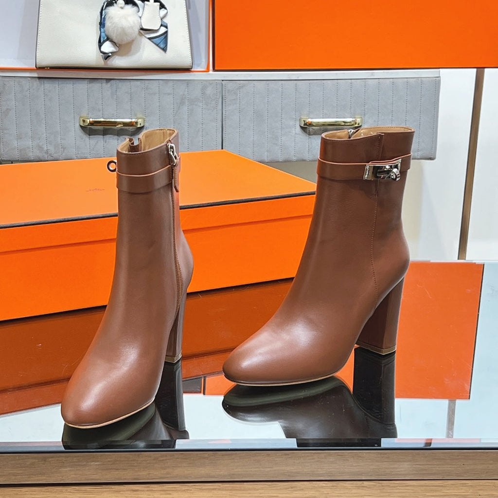 HM 25S SAINT GERMAIN ANKLE BOOTS 90 MM IN BROWN LAMBSKIN WITH SILVER HARDWARE