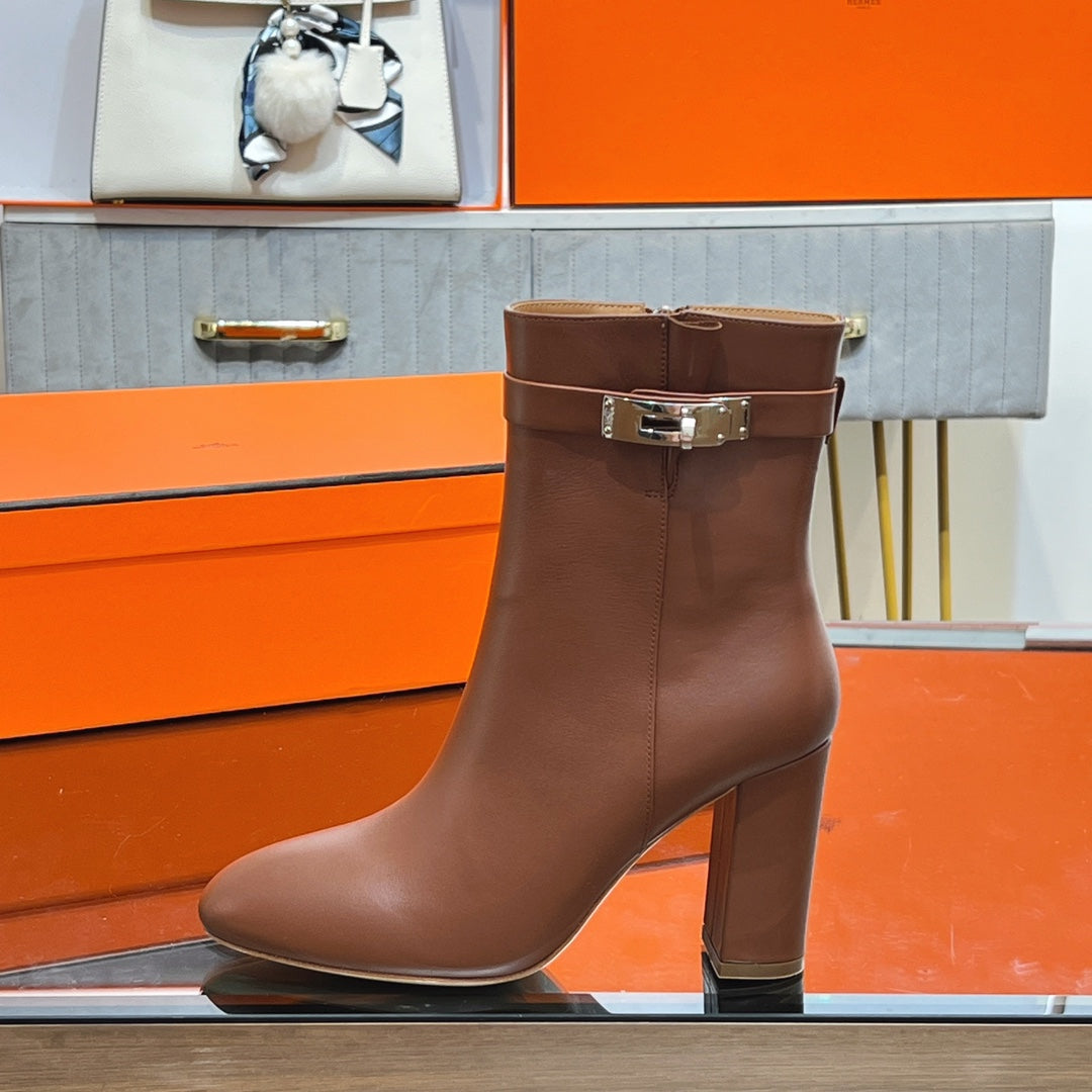 HM 25S SAINT GERMAIN ANKLE BOOTS 90 MM IN BROWN LAMBSKIN WITH SILVER HARDWARE