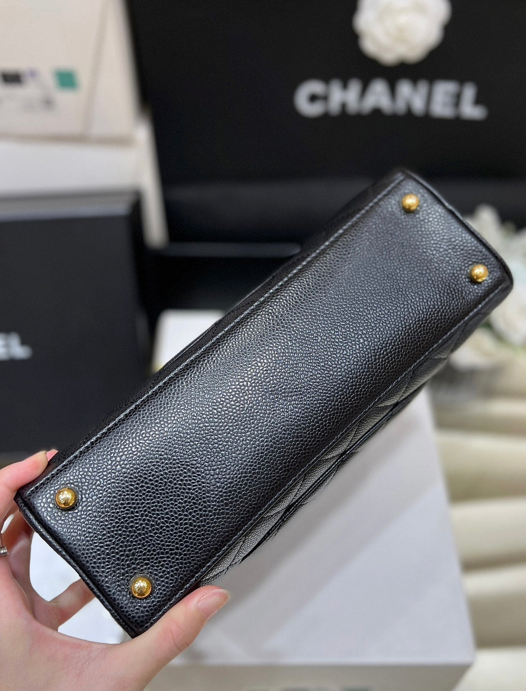 25S CHANEL QUILTED CAVIAR BOWLING BAG 27 IN BLACK CALFSKIN