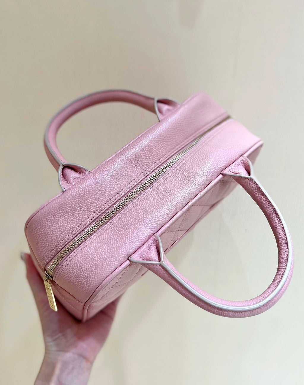 25S CHANEL QUILTED CAVIAR BOWLING BAG 27 IN PINK CALFSKIN