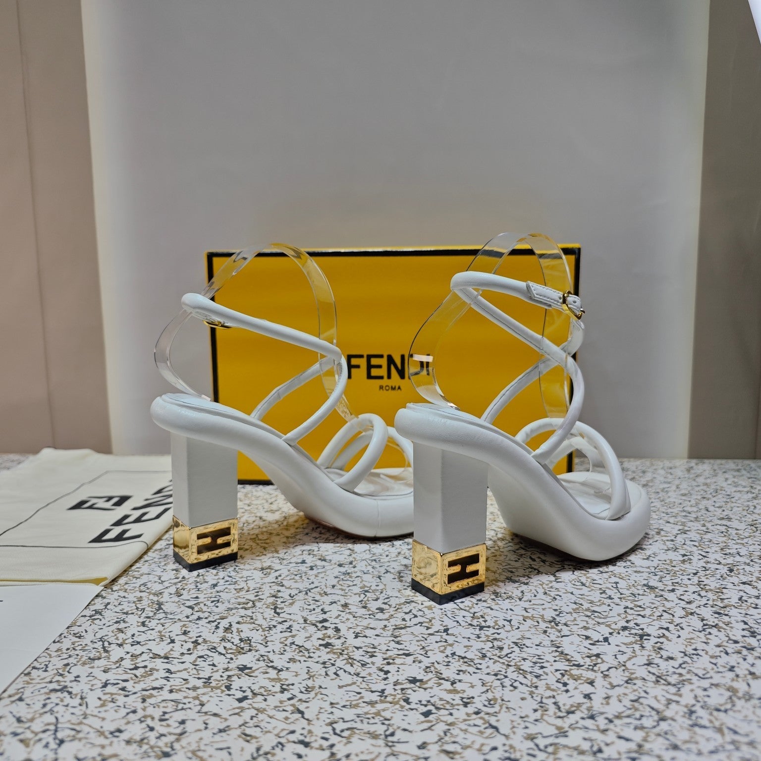 FENDI CHUNKY HIGH-HEELED SANDAL IN WHITE CALFKIN WITH GOLD HARDWARE