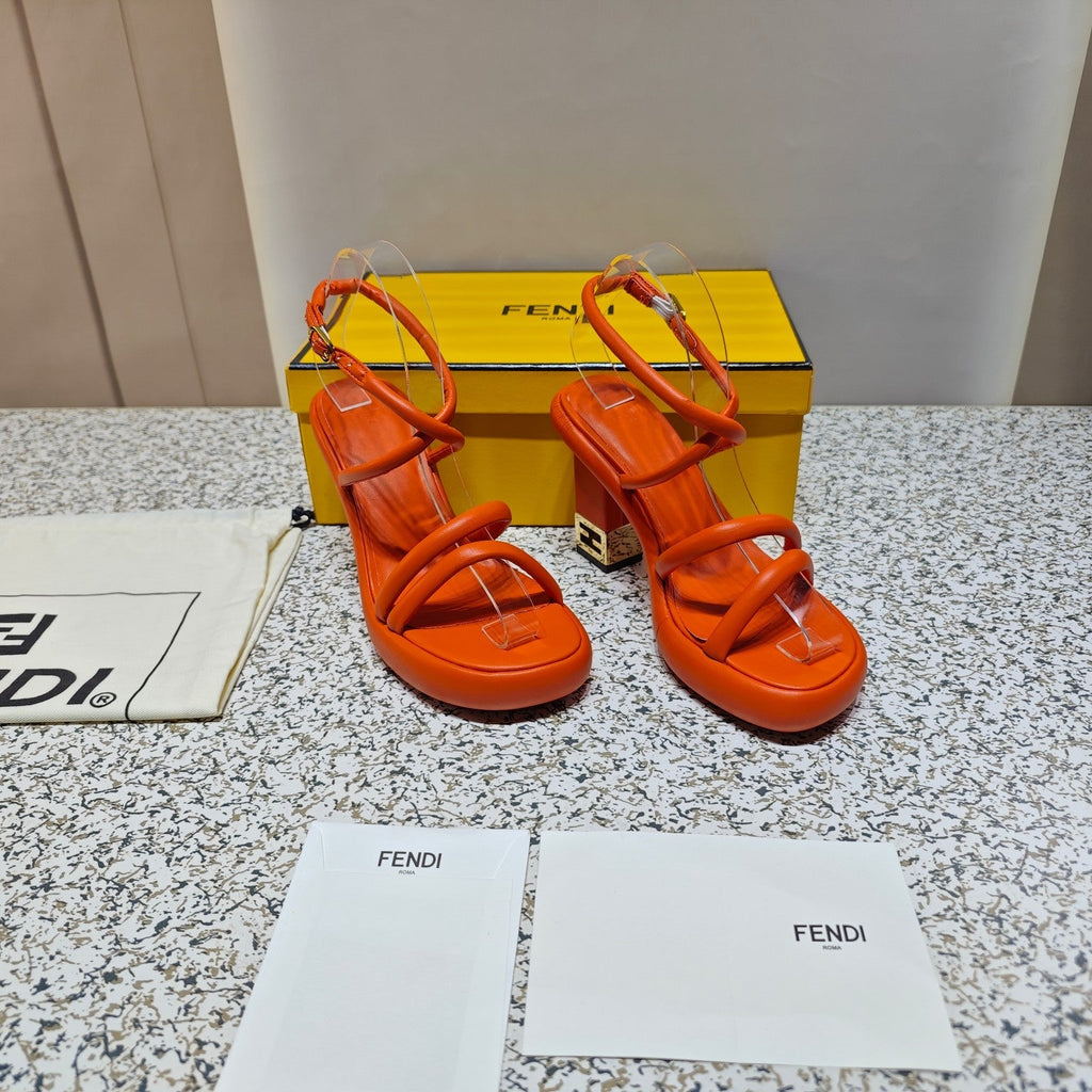 FENDI CHUNKY HIGH-HEELED SANDAL IN ORANGE RED CALFKIN WITH GOLD HARDWARE