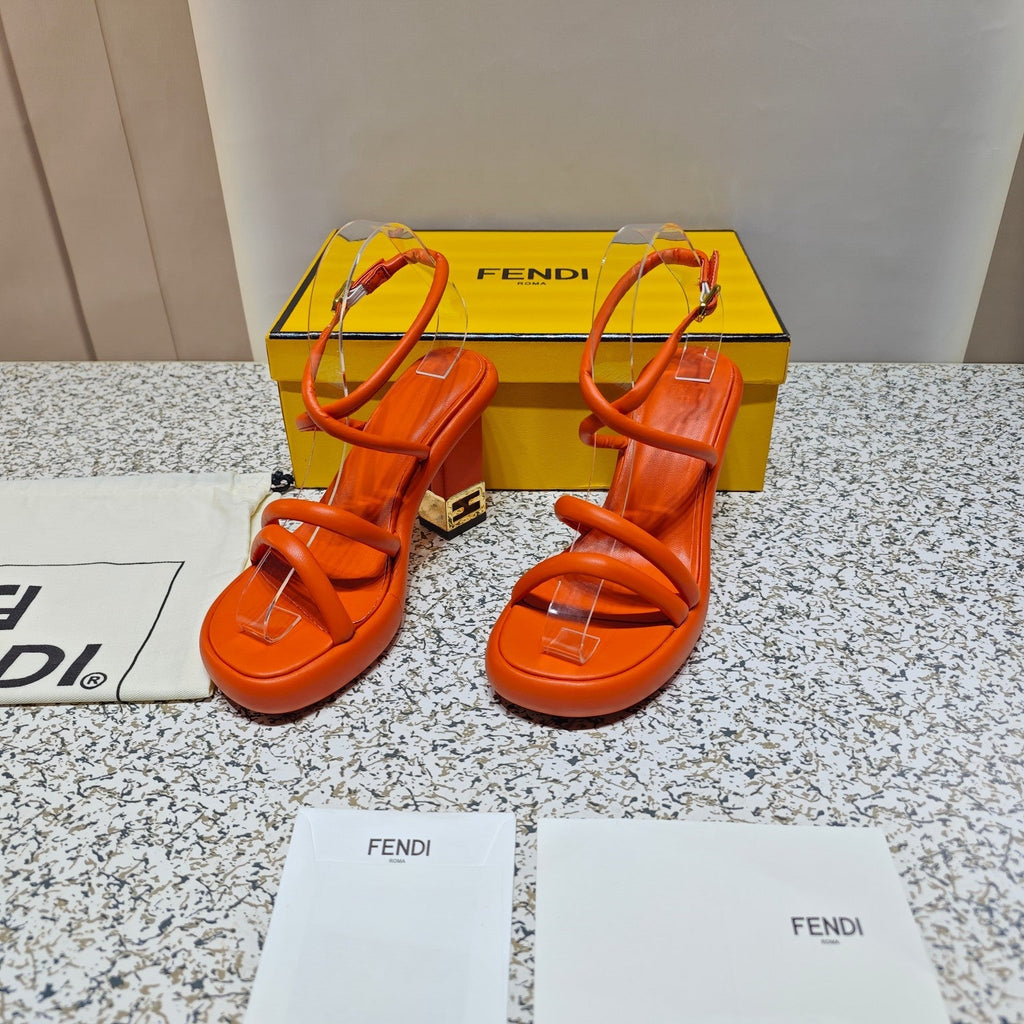 FENDI CHUNKY HIGH-HEELED SANDAL IN ORANGE RED CALFKIN WITH GOLD HARDWARE