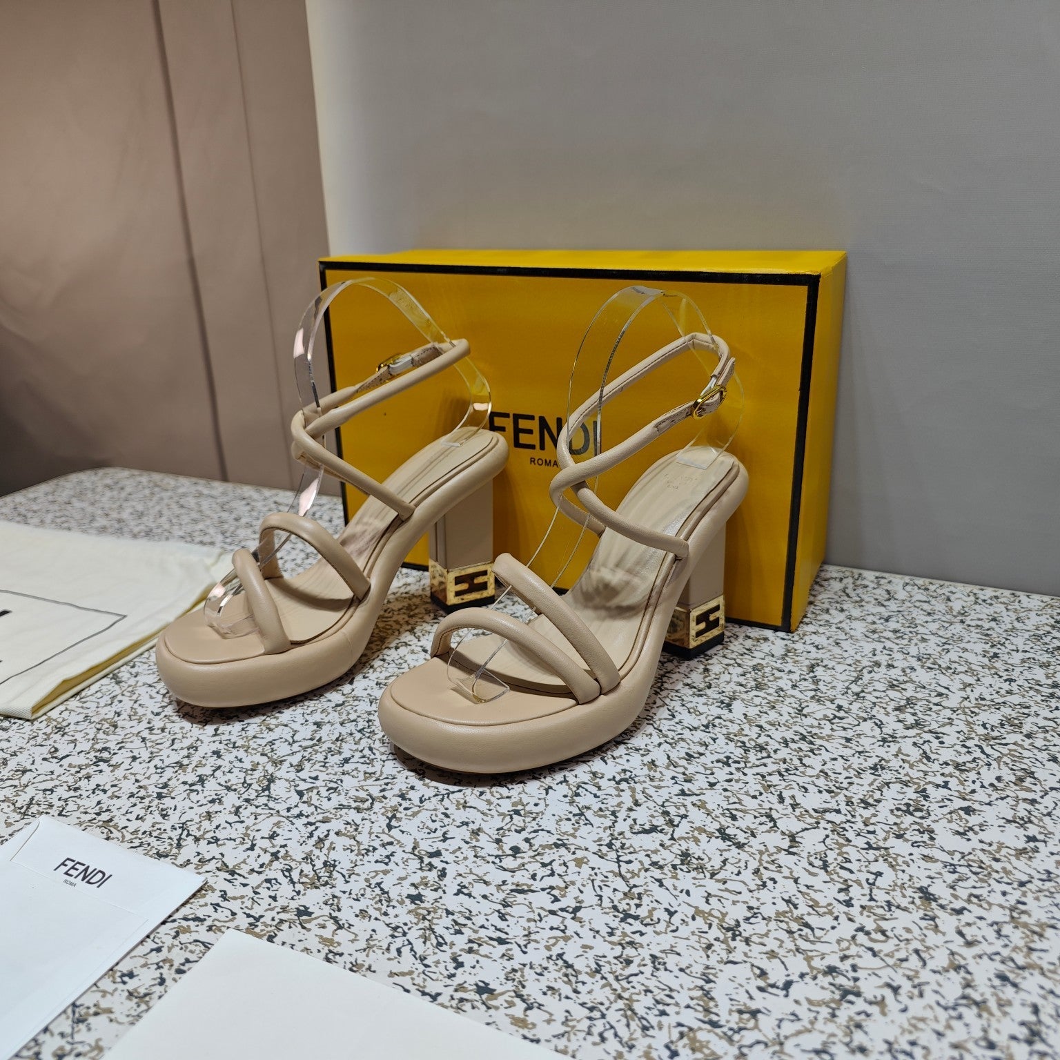 FENDI CHUNKY HIGH-HEELED SANDAL IN BEIGE BISQUE CALFKIN WITH GOLD HARDWARE