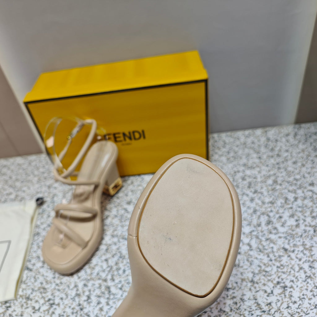 FENDI CHUNKY HIGH-HEELED SANDAL IN BEIGE BISQUE CALFKIN WITH GOLD HARDWARE