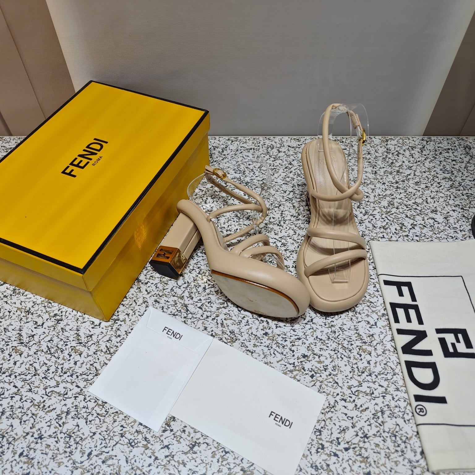 FENDI CHUNKY HIGH-HEELED SANDAL IN BEIGE BISQUE CALFKIN WITH GOLD HARDWARE