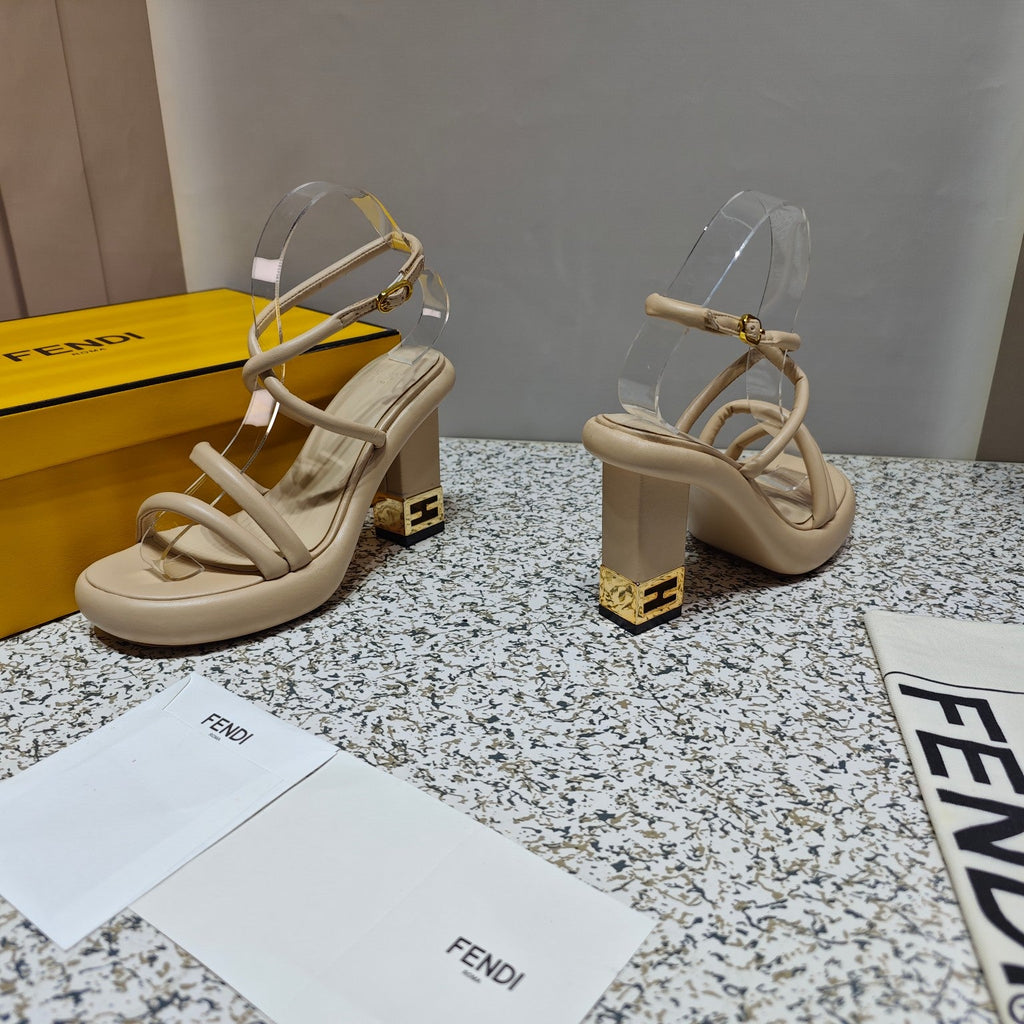 FENDI CHUNKY HIGH-HEELED SANDAL IN BEIGE BISQUE CALFKIN WITH GOLD HARDWARE