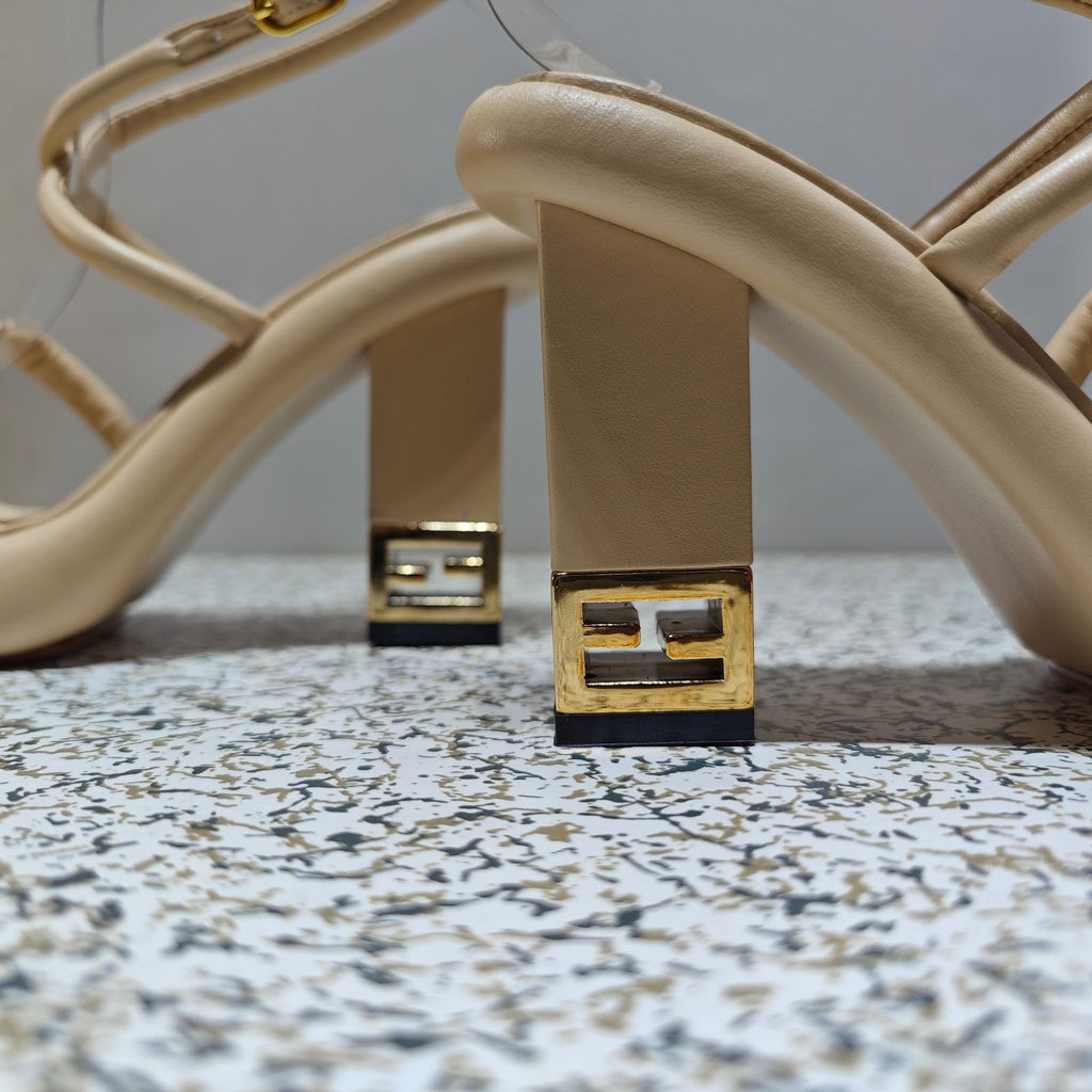 FENDI CHUNKY HIGH-HEELED SANDAL IN BEIGE BISQUE CALFKIN WITH GOLD HARDWARE