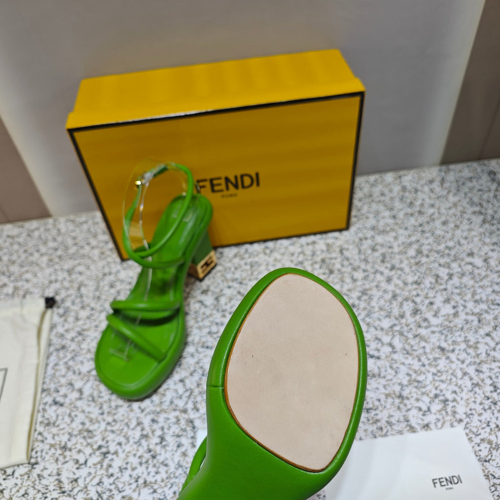 FENDI CHUNKY HIGH-HEELED SANDAL IN SHAMROCK GREEN CALFKIN WITH GOLD HARDWARE