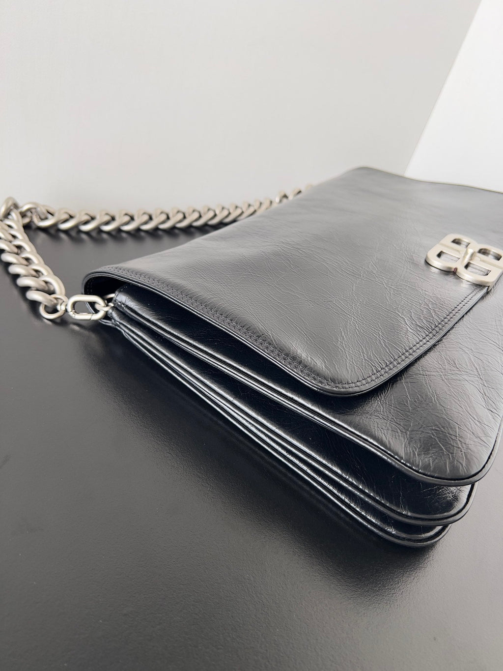 BB SOFT FLAP BAG 36 IN BLACK PEACH CALFSKIN SILVER HARDWARE