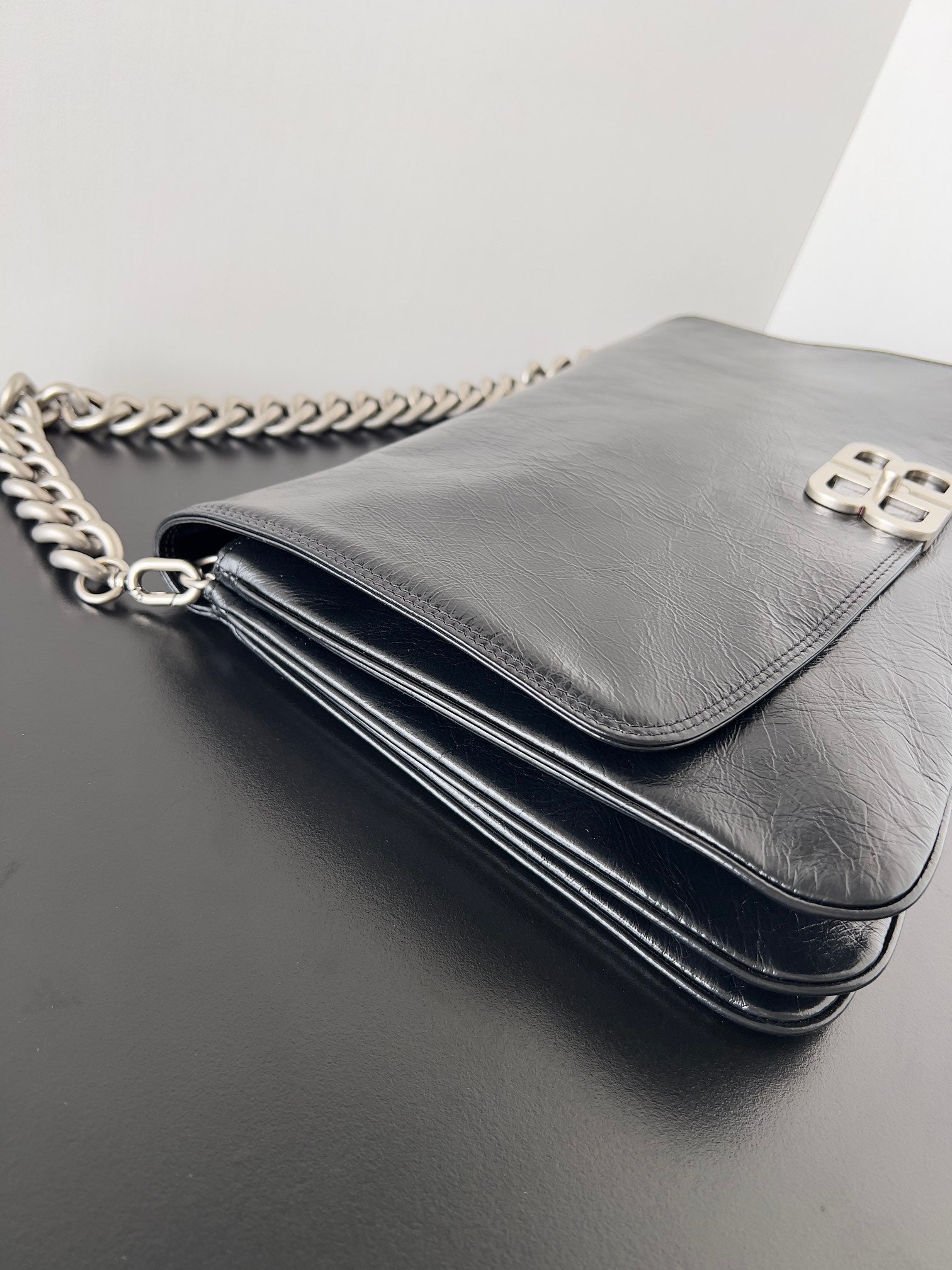 BB SOFT FLAP BAG 36 IN BLACK PEACH CALFSKIN SILVER HARDWARE