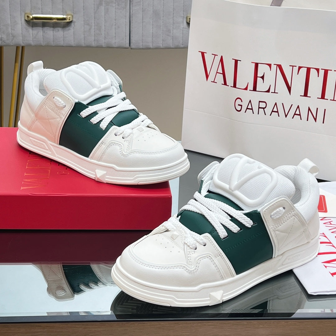 VALENTINO 25S GARAVANI OPEN SKATE SNEAKERS IN WHITE MIX DARK GREEN LAMBSKIN STYLE 12