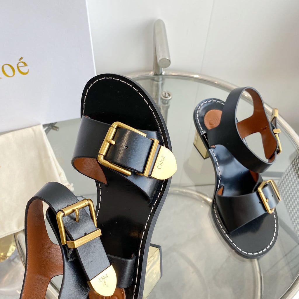 CHLOÉ REBECCA LOW HEELED SANDAL IN BLACK LAMBSKIN GOLD HARDWARE