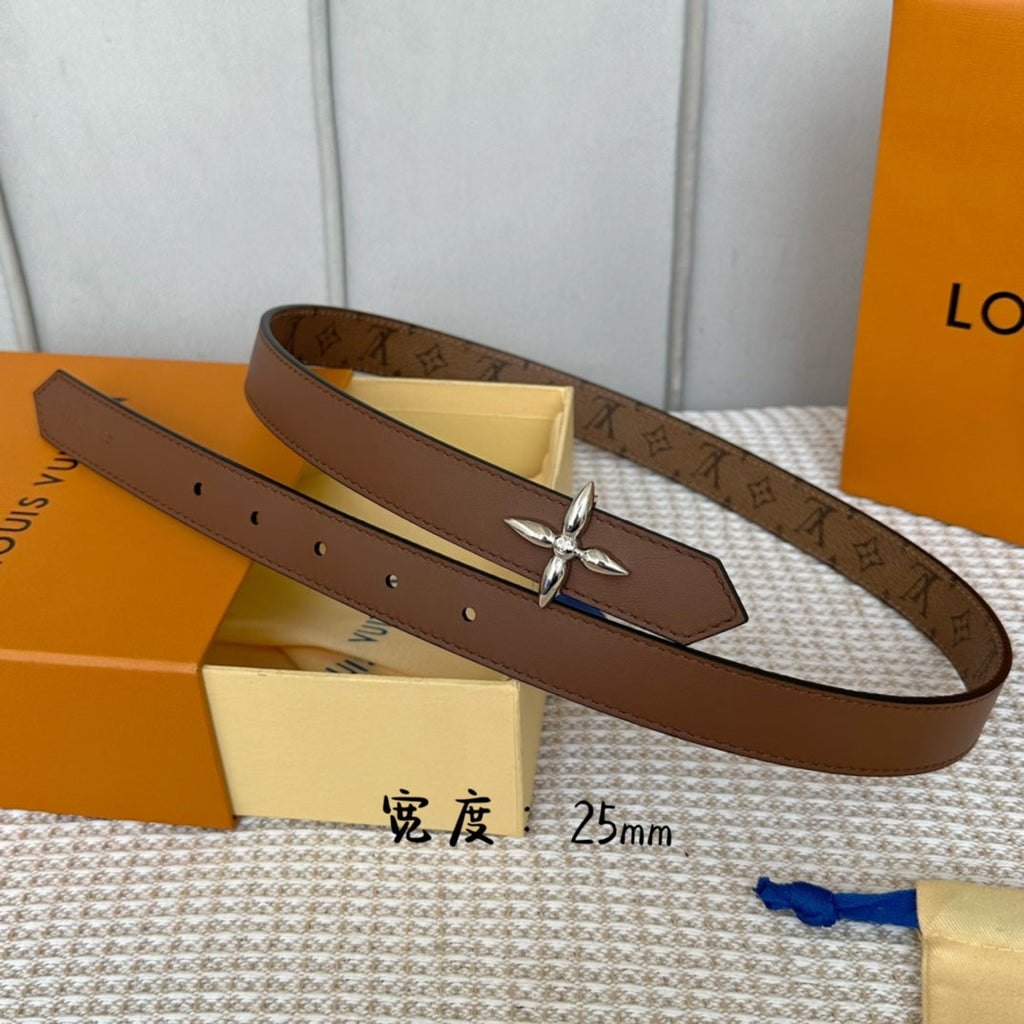 LV FLOWERGRAM 25 MM REVERSIBLE BELT IN BROWN MONOGRAM CALFSKIN SILVER HARDWARE