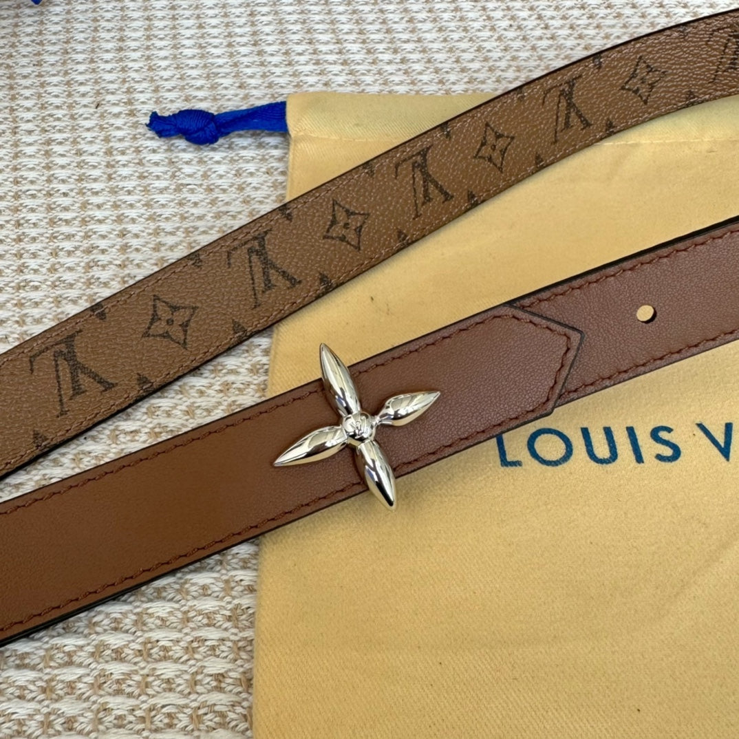 LV FLOWERGRAM 25 MM REVERSIBLE BELT IN BROWN MONOGRAM CALFSKIN SILVER HARDWARE